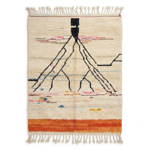 Atlas roots Azilal rug — ivory wool with black branching lines and orange band, flat lay