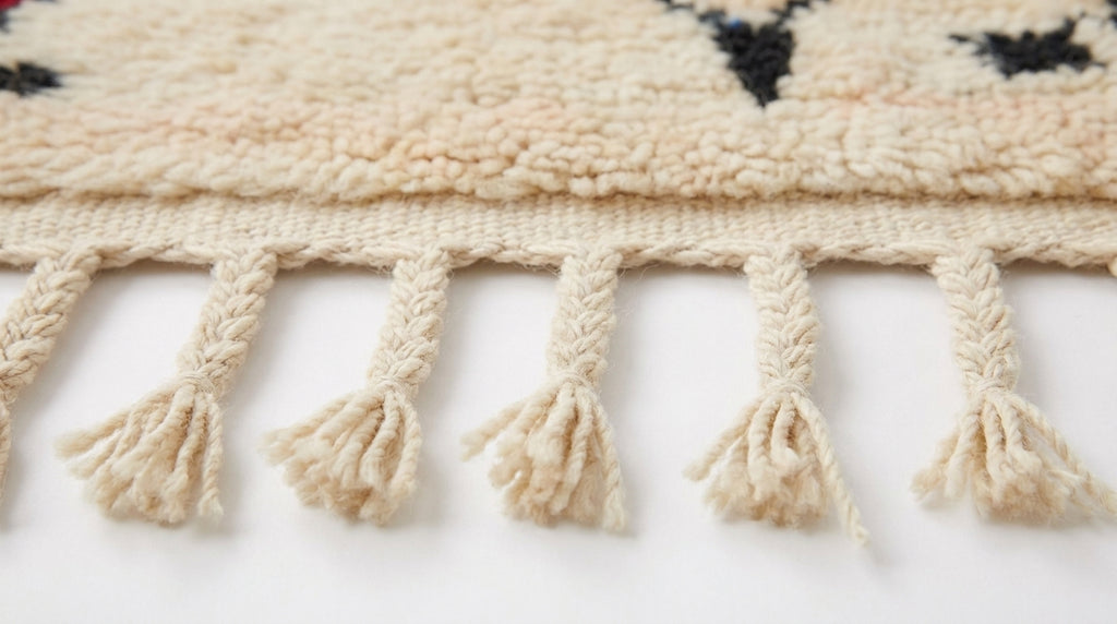 Zigzag Bloom Beni Ourain rug fringe detail on white studio background