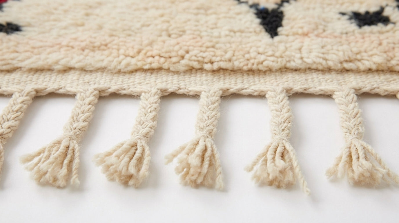 Zigzag Bloom Beni Ourain rug fringe detail on white studio background