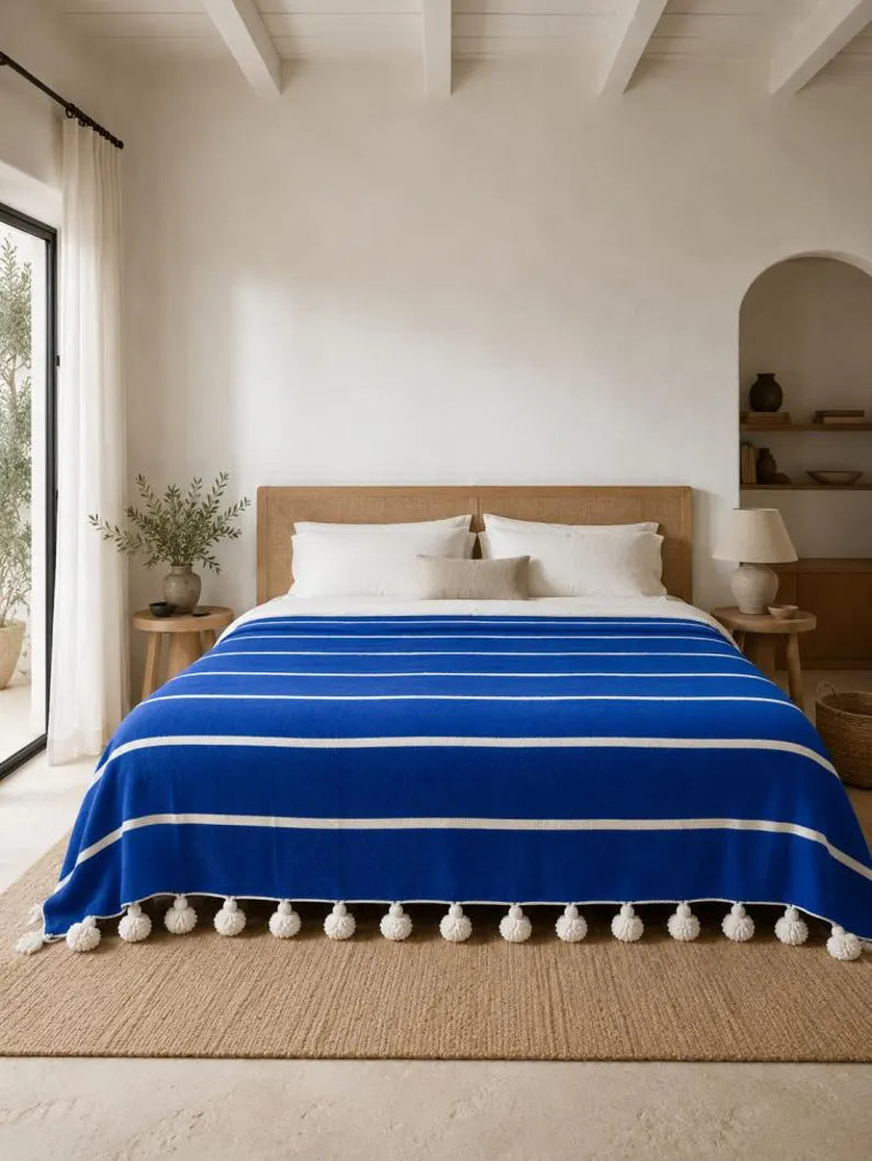 Riviera Stripe Pompom bedspread detail, handwoven Moroccan cotton, photo 8
