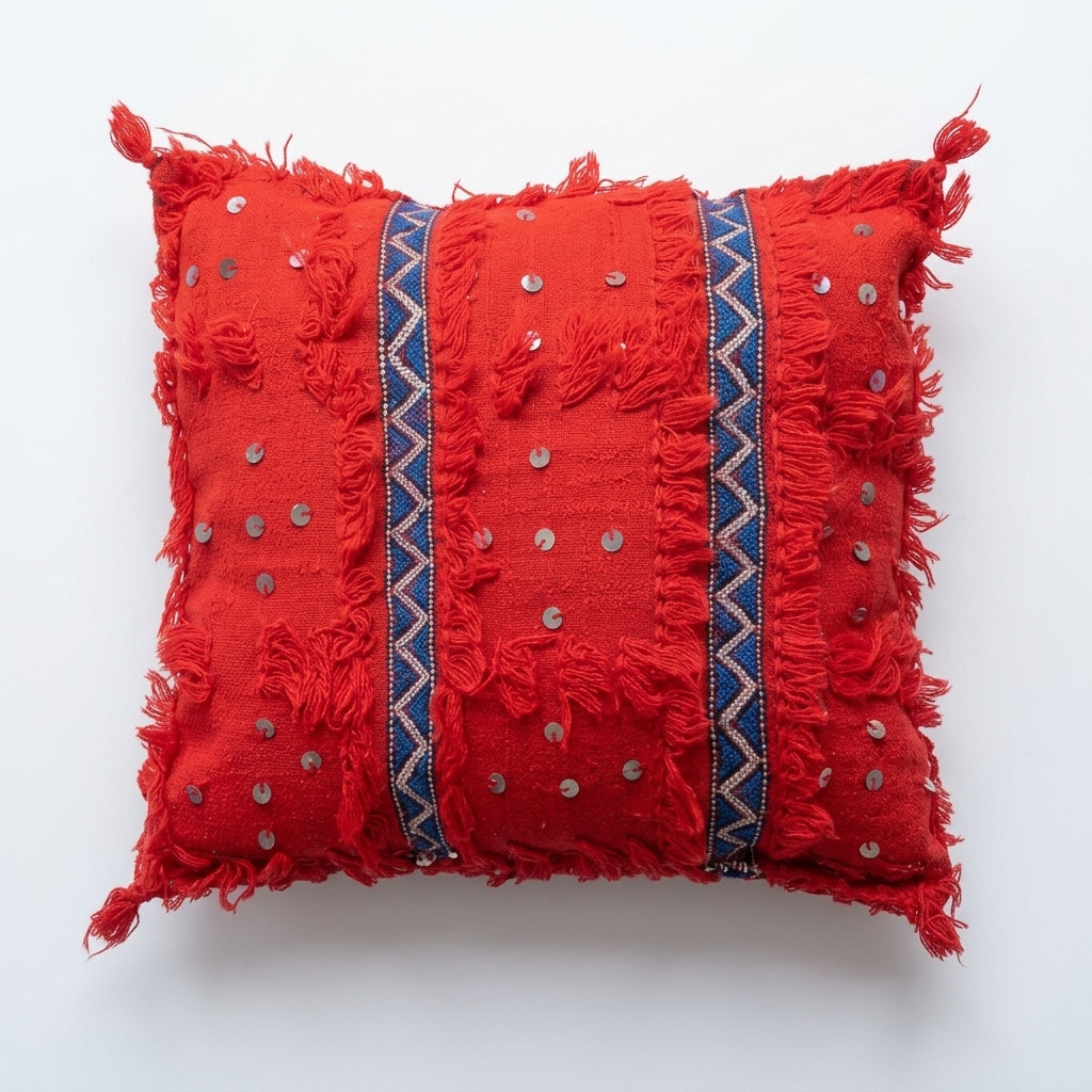 Red Sequin Moroccan pillow cover 45x45 cm, studio photo