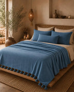 Atlas Teal Tassel bedspread detail, handwoven Moroccan cotton, photo 6