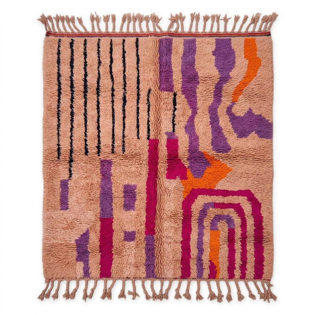 Blush terracotta Boujaad rug with purple, magenta and orange abstract lines, flat lay