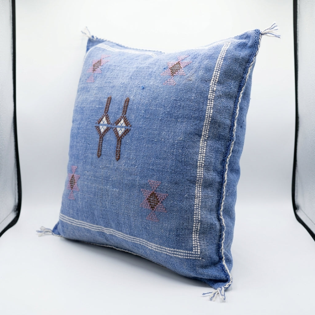 Denim blue Moroccan sabra cactus silk pillow cover, 50x50 cm