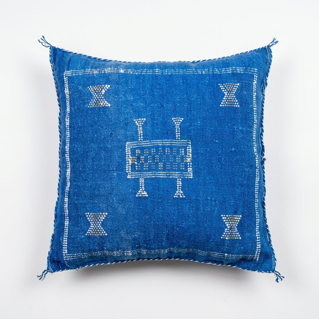 Indigo blue Moroccan sabra cactus silk pillow cover, 50x50 cm