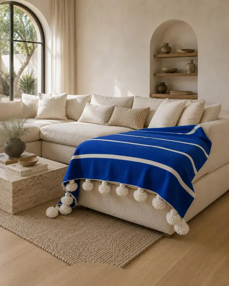 Riviera Stripe Pompom bedspread detail, handwoven Moroccan cotton, photo 9