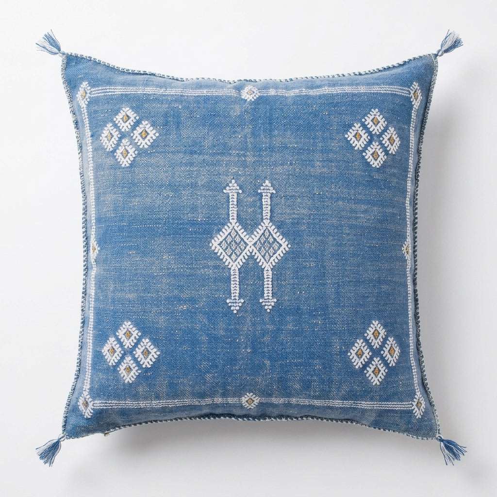 Cornflower blue Moroccan sabra cactus silk pillow cover, 50x50 cm