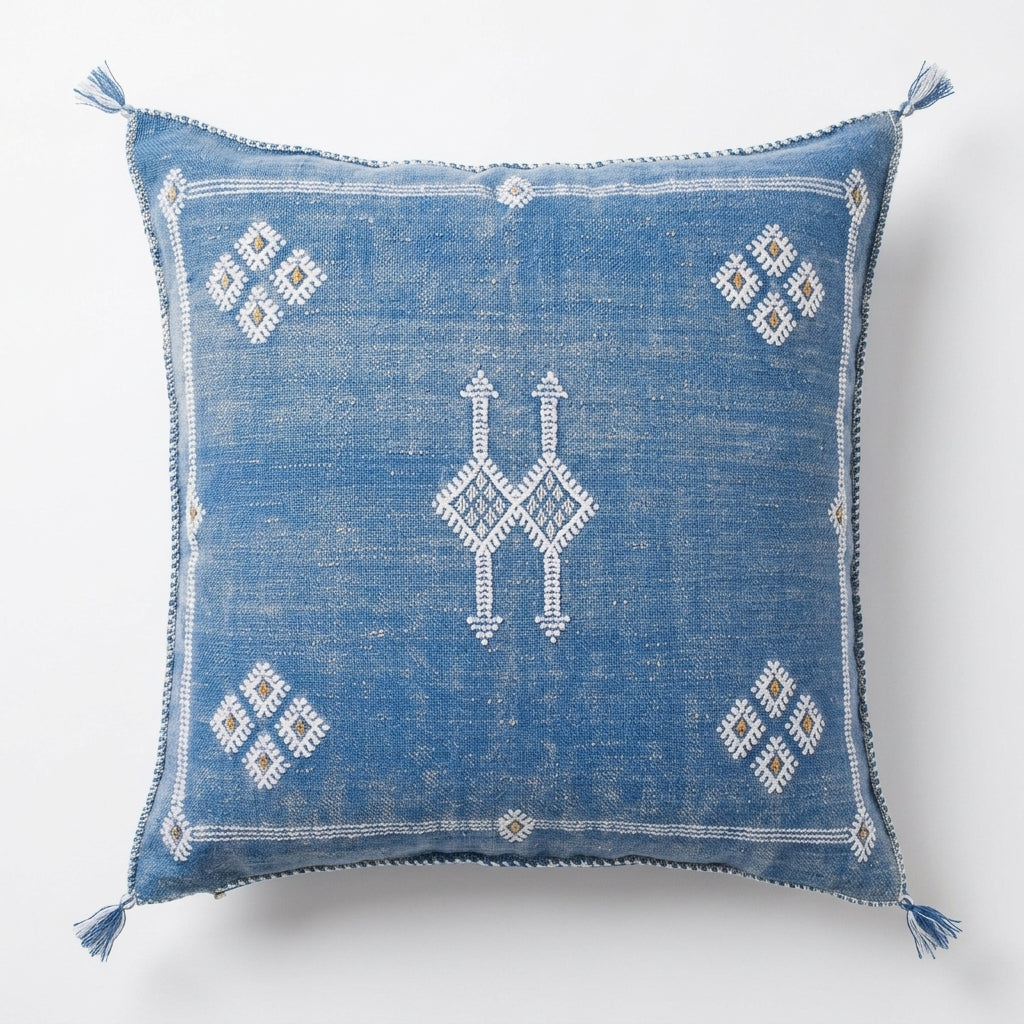 Cornflower blue Moroccan sabra cactus silk pillow cover, 50x50 cm