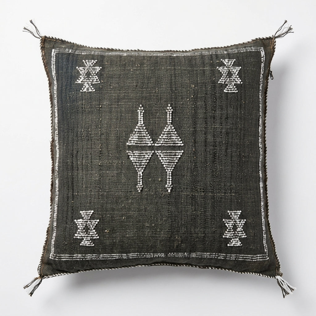 Charcoal Moroccan sabra cactus silk pillow cover, 50x50 cm