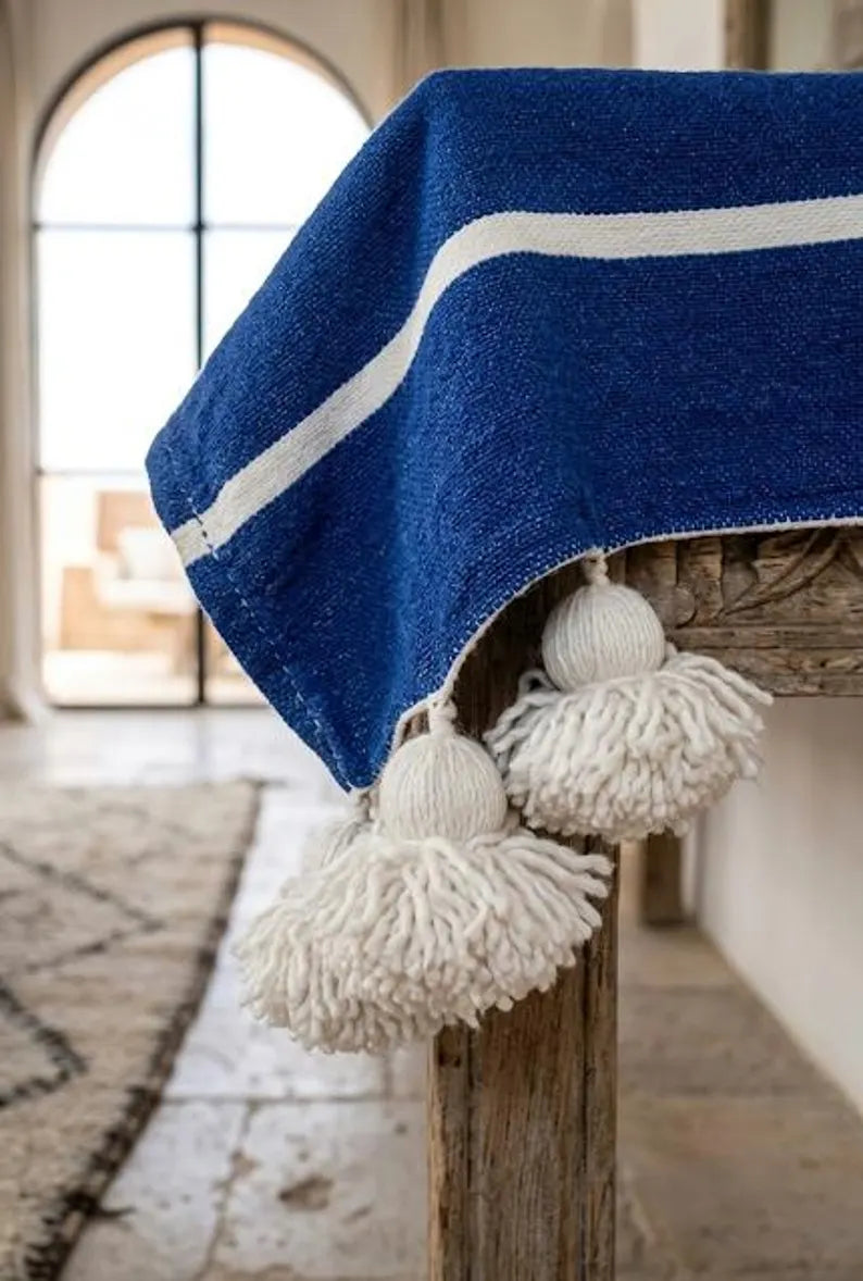 Riviera Stripe Pompom bedspread detail, handwoven Moroccan cotton, photo 10