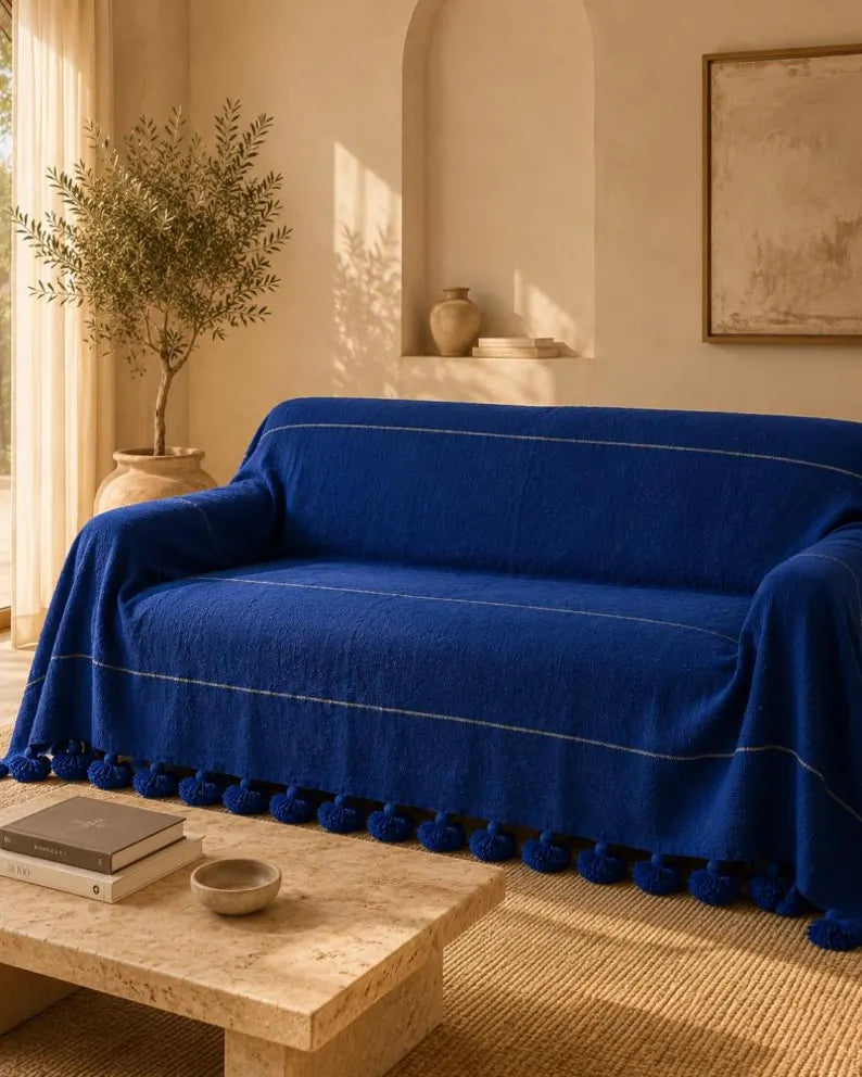Majorelle Blue Pompom bedspread detail, handwoven Moroccan cotton, photo 4