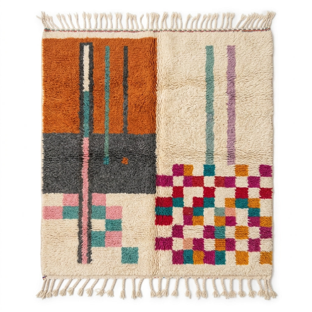 Terracotta Blocks Beni Ourain rug full flat lay view