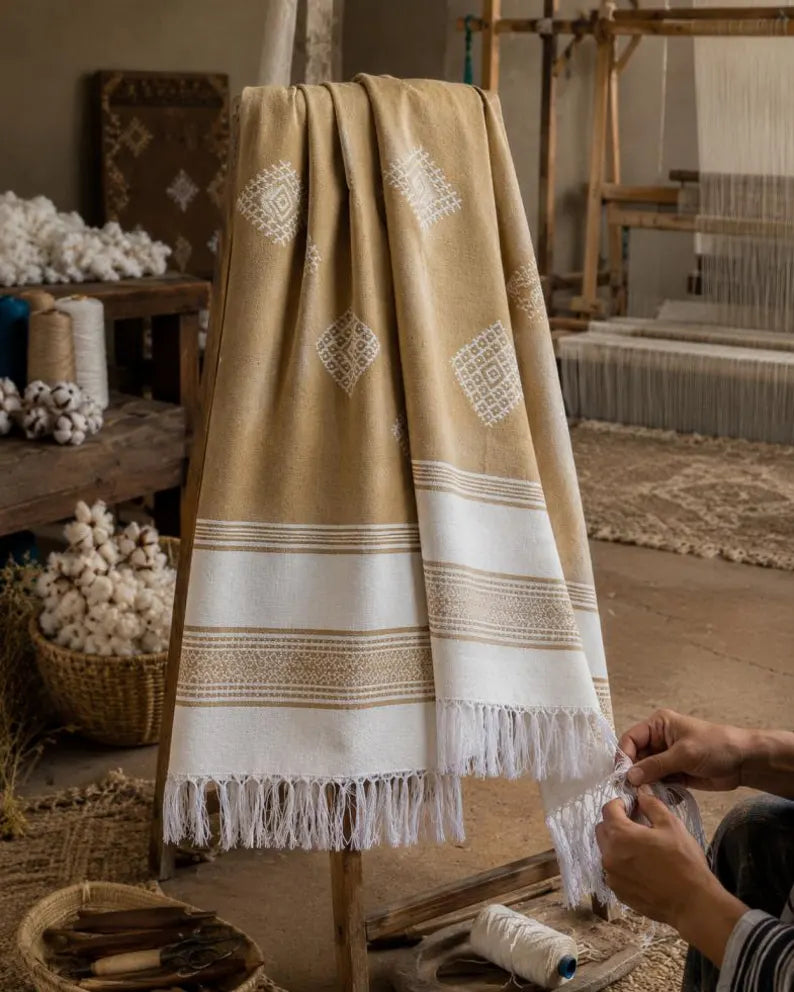 Sahara Diamond bedspread detail, handwoven Moroccan cotton, photo 3