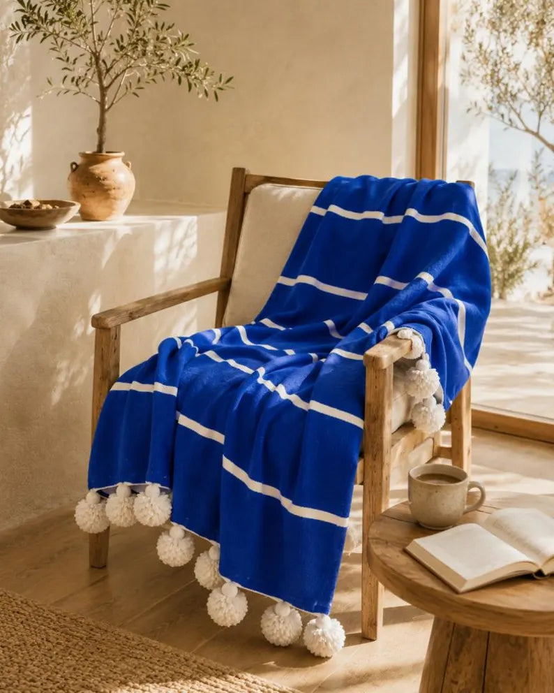 Riviera Stripe Pompom bedspread detail, handwoven Moroccan cotton, photo 6