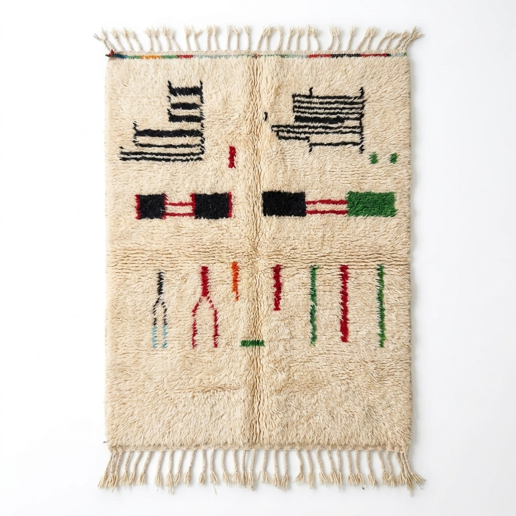 Village Signs Beni Ourain rug full flat lay view