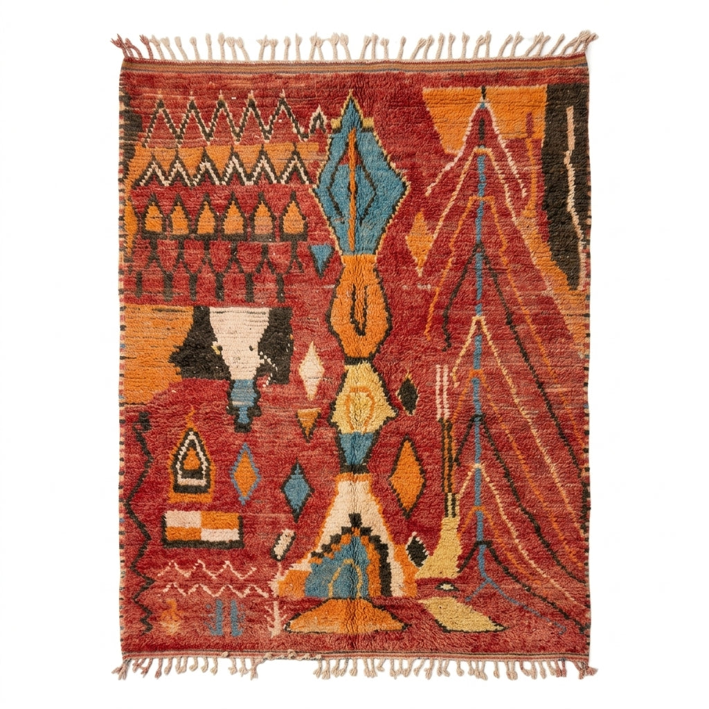 Rust and amber Boujaad rug with teal accents and black tribal motifs, flat lay
