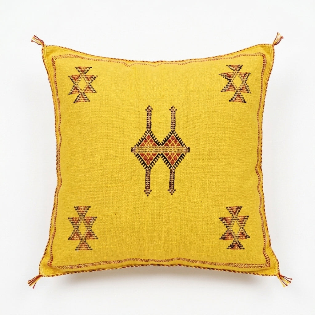 Yellow Moroccan sabra cactus silk pillow cover, 50x50 cm