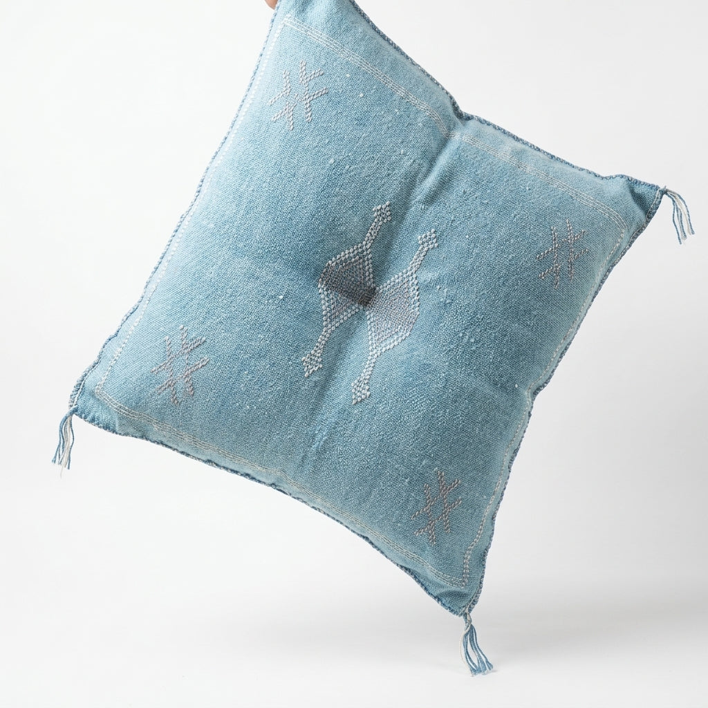 Powder blue Moroccan sabra cactus silk pillow cover, 50x50 cm