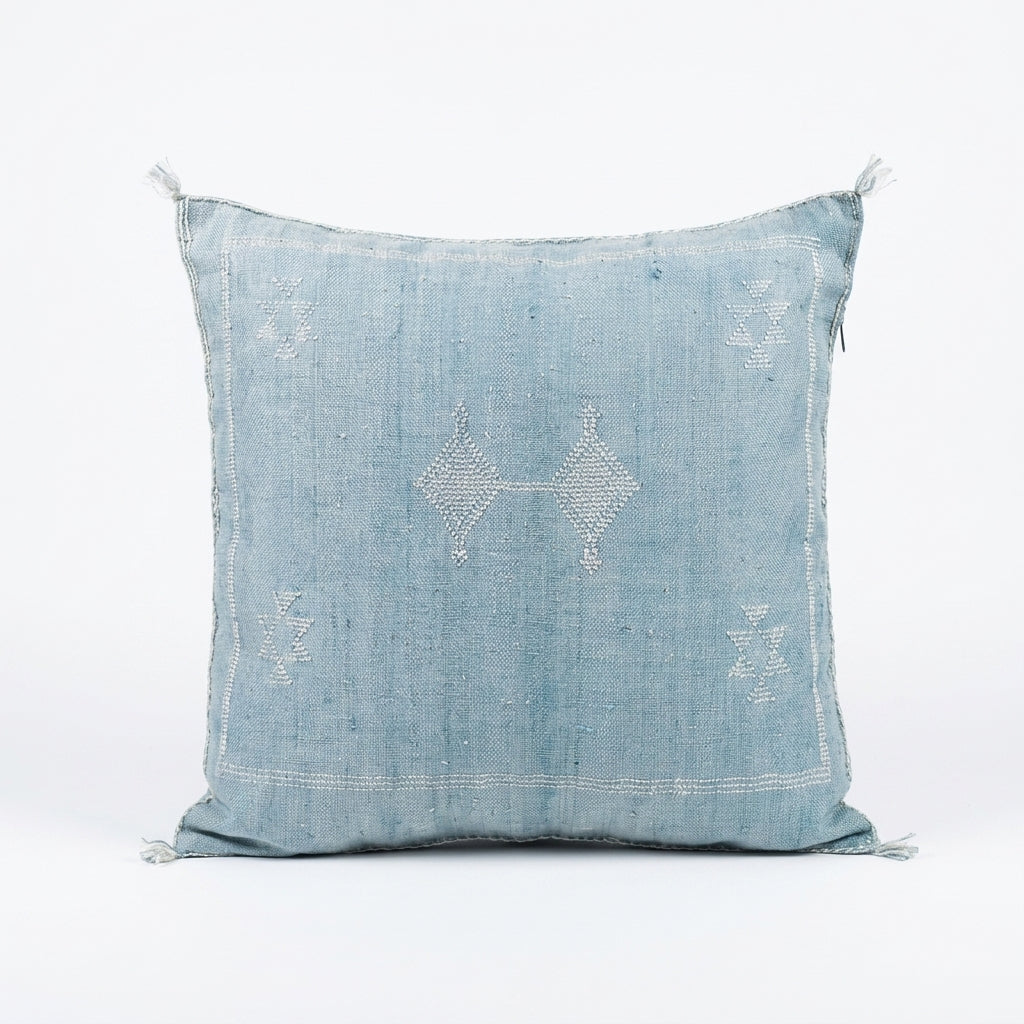Pale blue Moroccan sabra cactus silk pillow cover, 50x50 cm