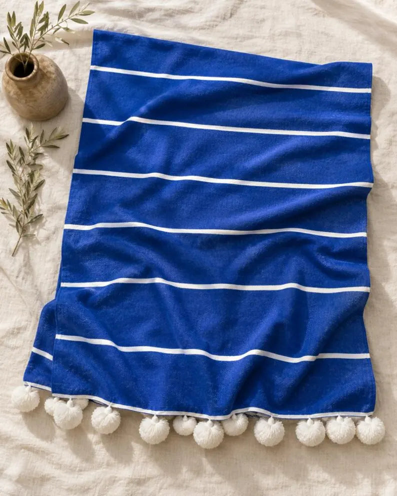 Riviera Stripe Pompom bedspread detail, handwoven Moroccan cotton, photo 4