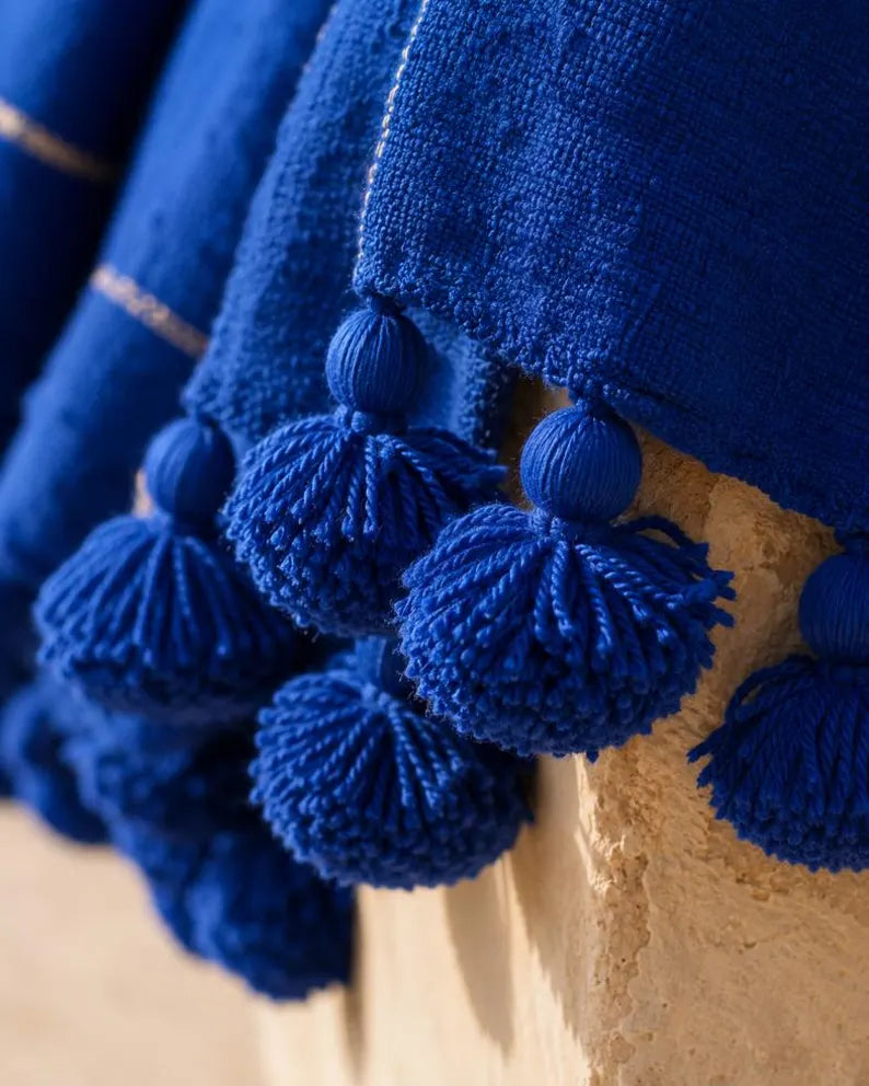 Majorelle Blue Pompom bedspread detail, handwoven Moroccan cotton, photo 7