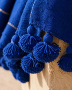 Majorelle Blue Pompom bedspread detail, handwoven Moroccan cotton, photo 7
