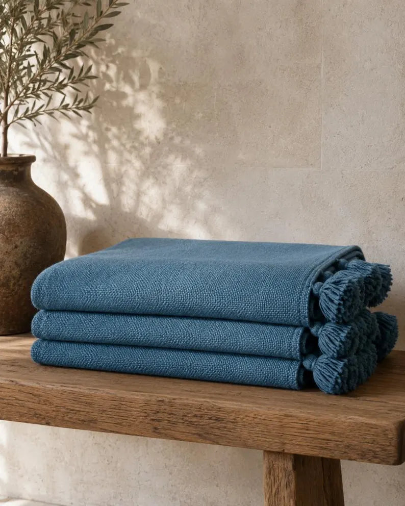 Atlas Teal Tassel bedspread detail, handwoven Moroccan cotton, photo 7