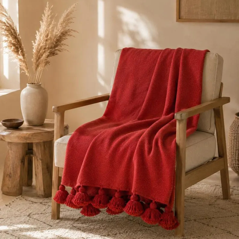 Berber Red Tassel bedspread detail, handwoven Moroccan cotton, photo 2