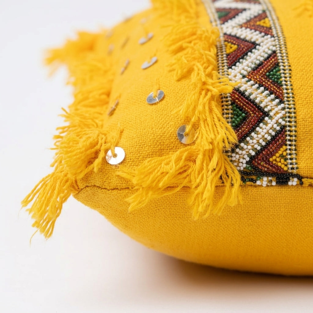 Saffron Fringe Moroccan pillow cover, detail photo 3