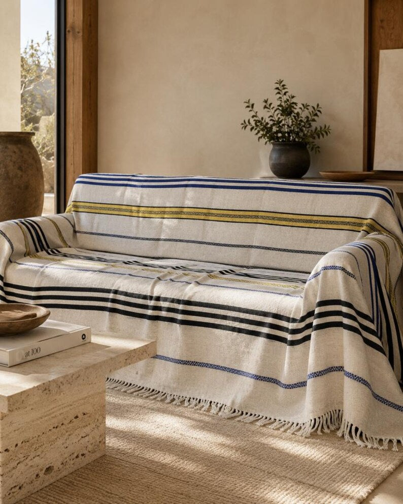 Heritage Stripe bedspread detail, handwoven Moroccan cotton, photo 5