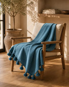 Atlas Teal Tassel bedspread detail, handwoven Moroccan cotton, photo 5