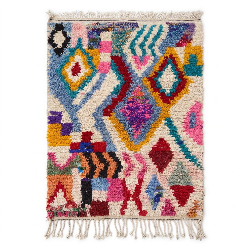 Kaleidoscope Boujaad rug — ivory field with playful multicolor Berber motifs, flat lay