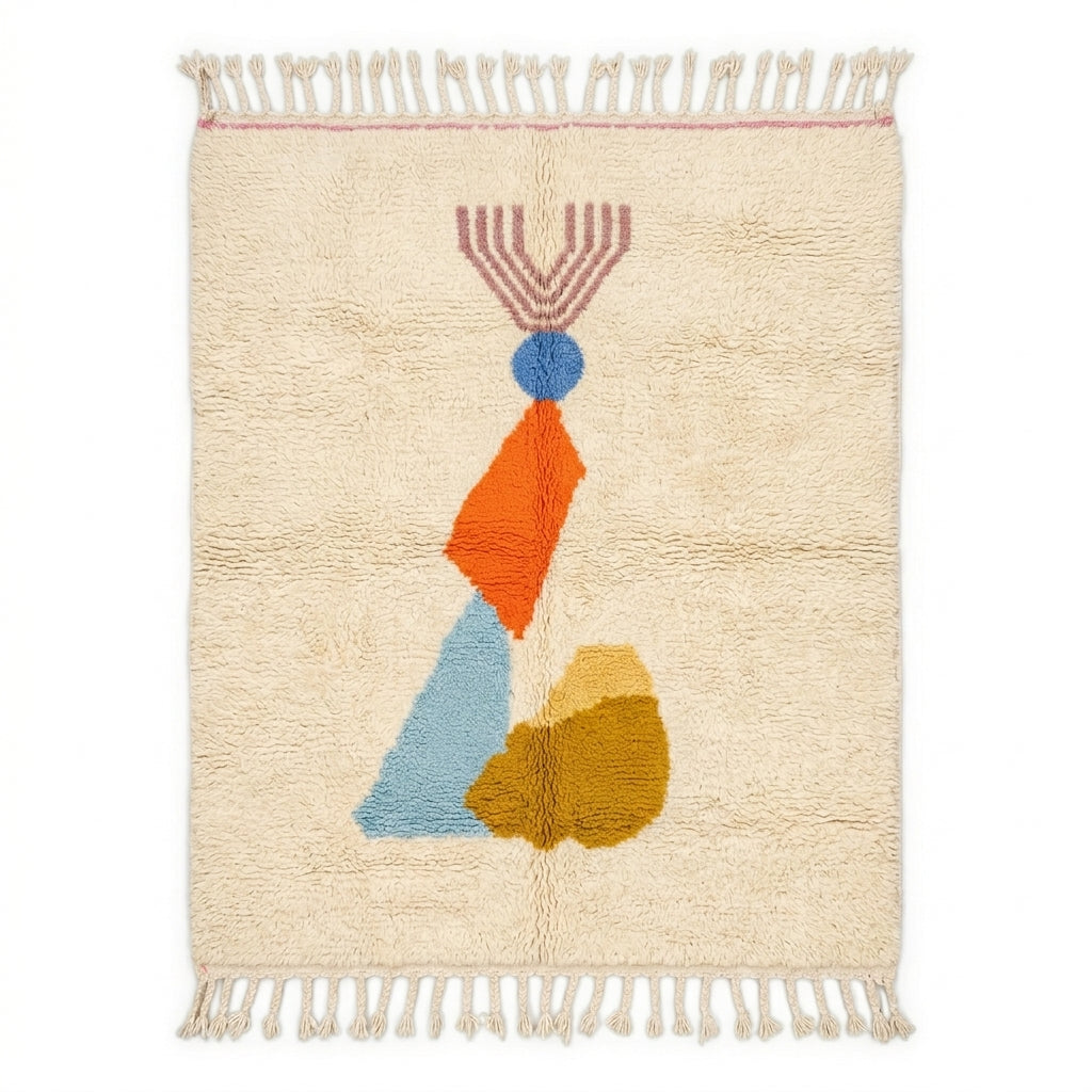 Totem Azilal rug — ivory wool with playful totem motif, flat lay