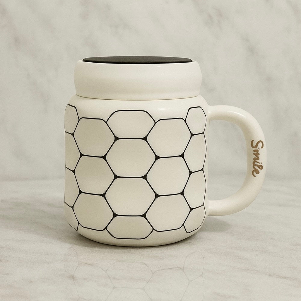 Honeycomb Ceramic Mug with Lid - Premium White