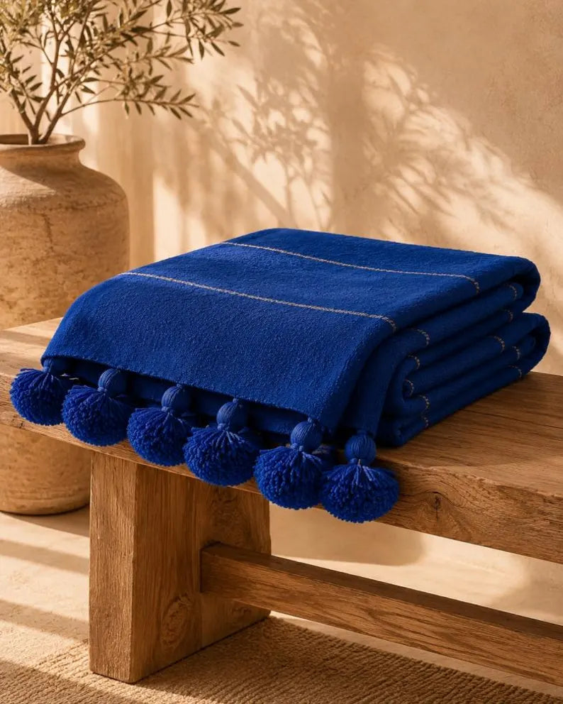 Majorelle Blue Pompom bedspread detail, handwoven Moroccan cotton, photo 5