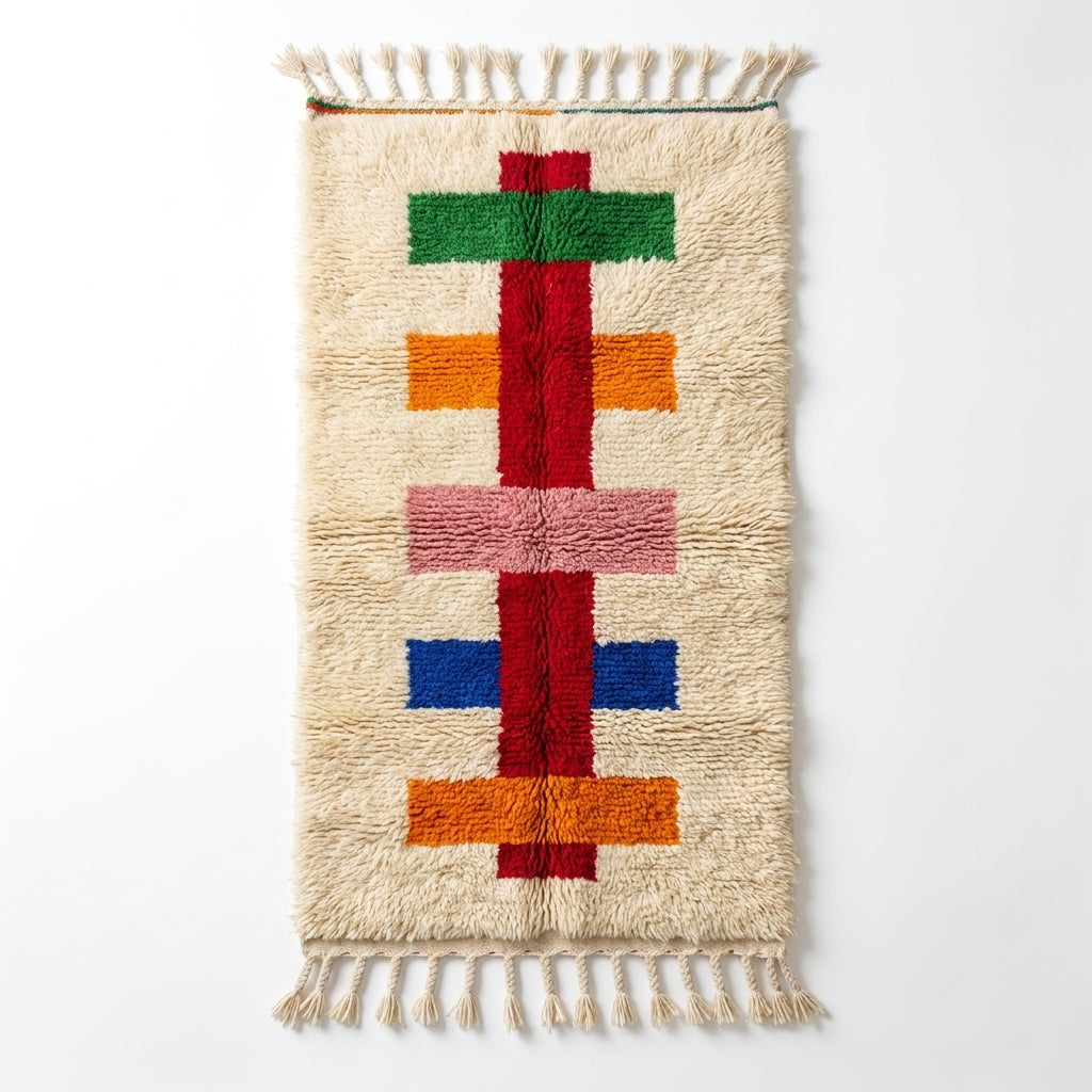 Colorful Moroccan runner rug — cream wool with red spine and green, orange, pink and blue crossbars, flat lay