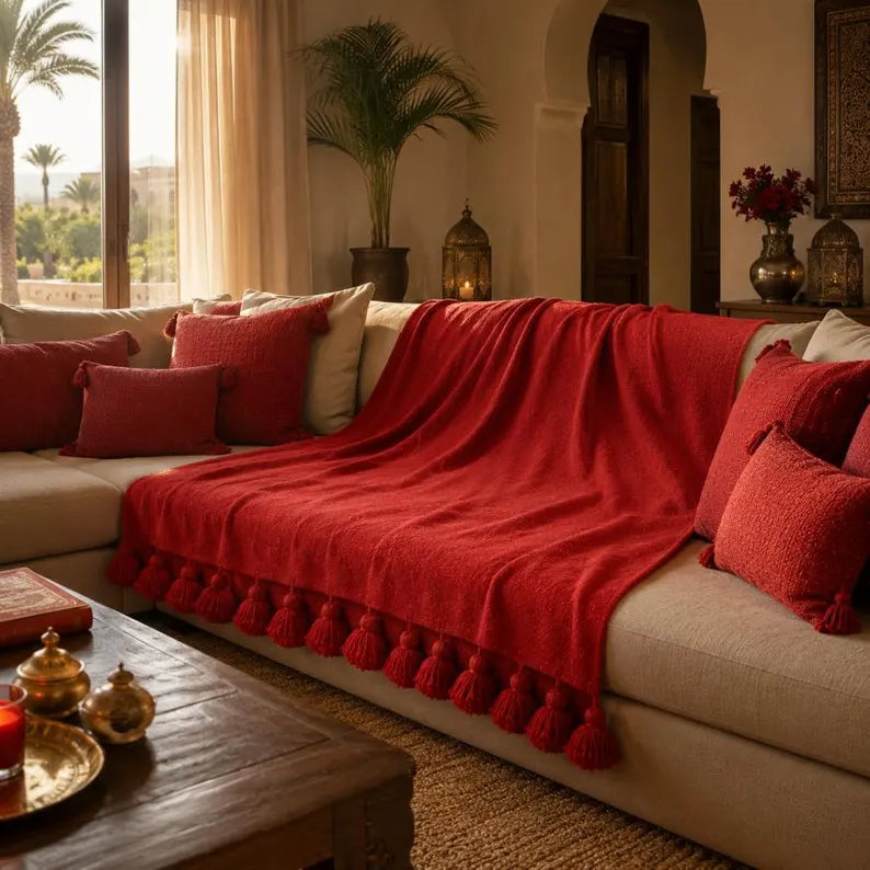 Berber Red Tassel bedspread detail, handwoven Moroccan cotton, photo 8