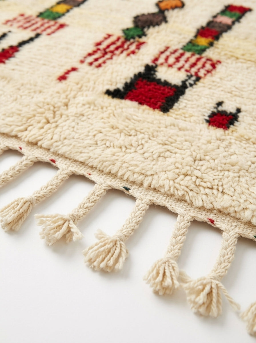 Harvest Symbols Beni Ourain rug fringe detail on white studio background
