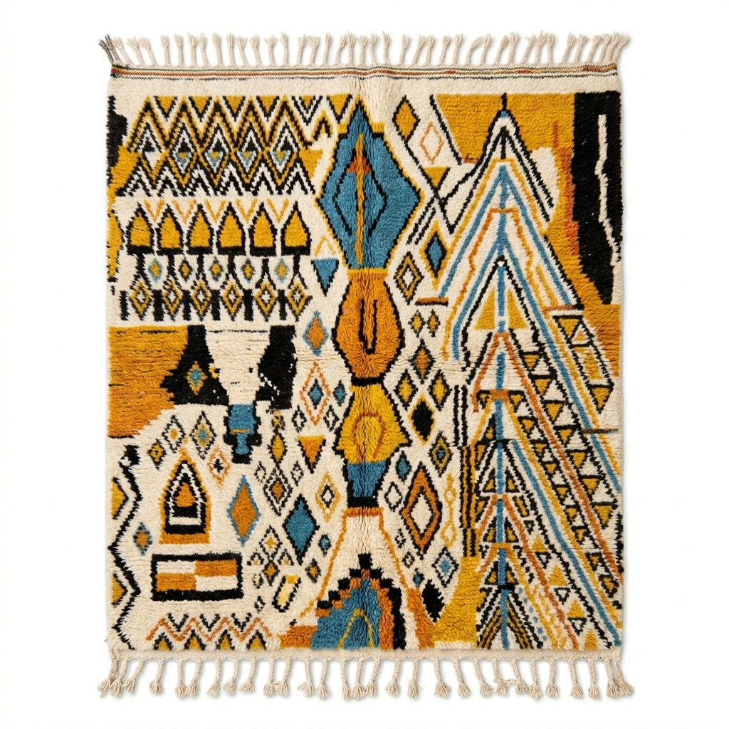 Mustard and teal Boujaad rug — ivory field with dense tribal motifs, flat lay