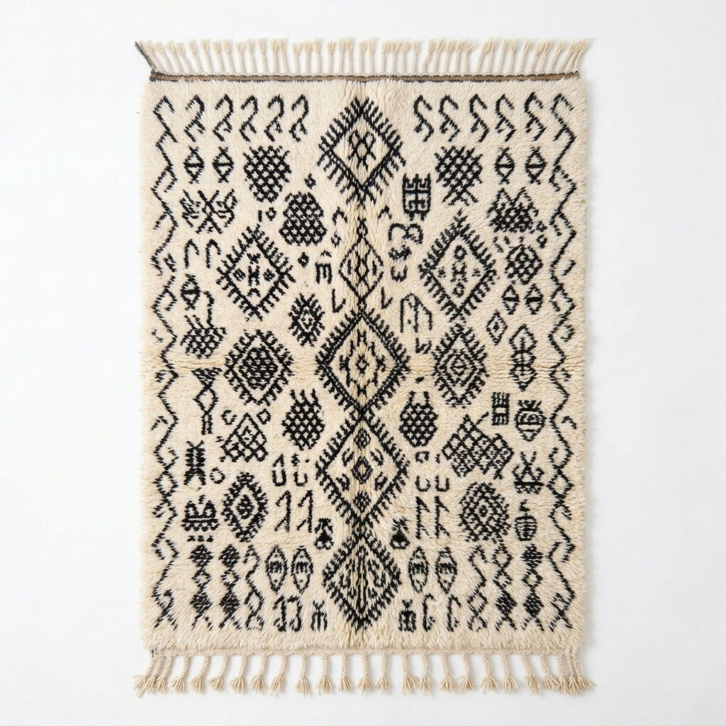 Berber script Azilal rug — ivory wool with dense black tribal symbols, flat lay