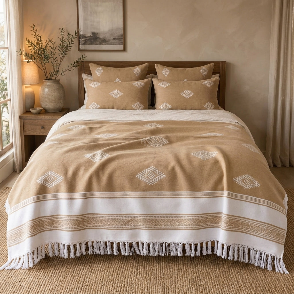 Sahara Diamond bedspread styled on a bed in a Moroccan bedroom