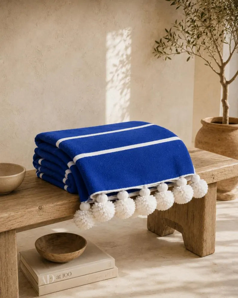 Riviera Stripe Pompom bedspread detail, handwoven Moroccan cotton, photo 2