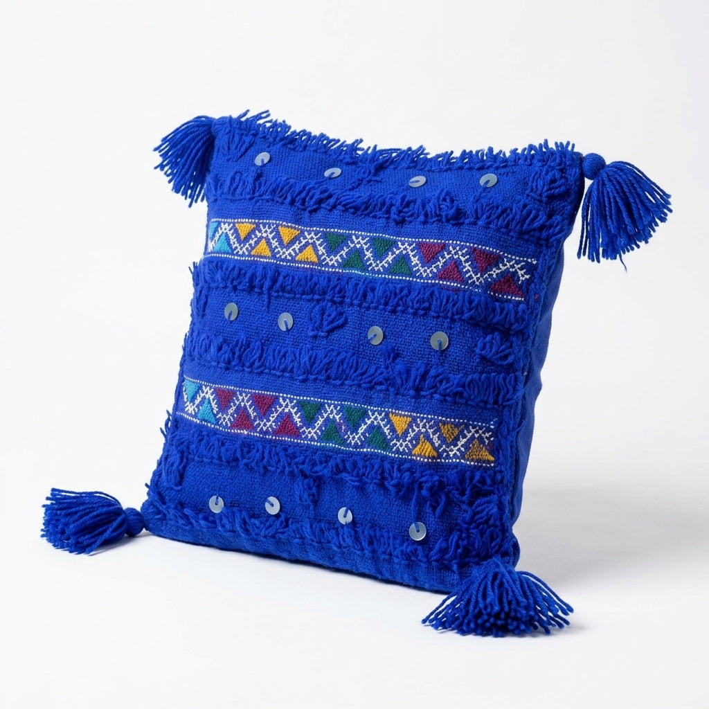 Royal Blue Triangles Moroccan pillow cover 45x45 cm, studio photo