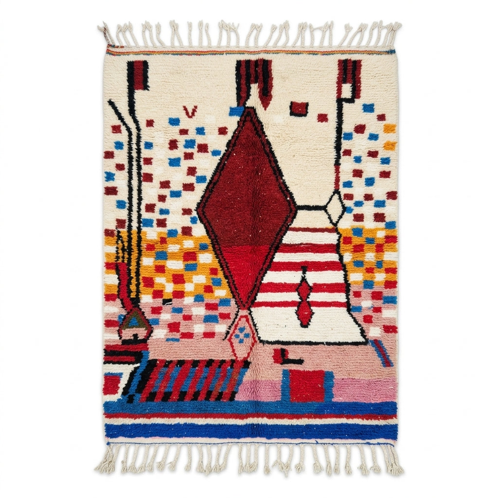 Garnet diamond Boujaad rug — ivory field with large garnet diamond and mosaic squares, flat lay