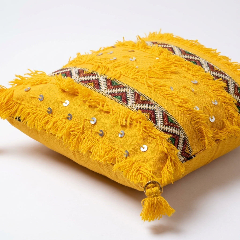 Saffron Fringe Moroccan pillow cover, detail photo 2