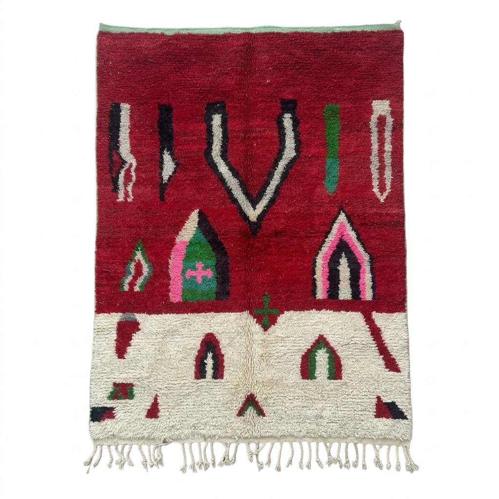 Crimson Boujaad rug — red field with cream base and colorful Berber motifs, flat lay