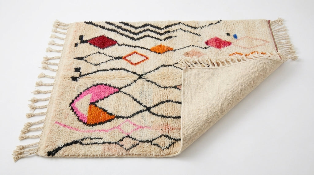 Zigzag Bloom Beni Ourain rug folded corner on white studio background