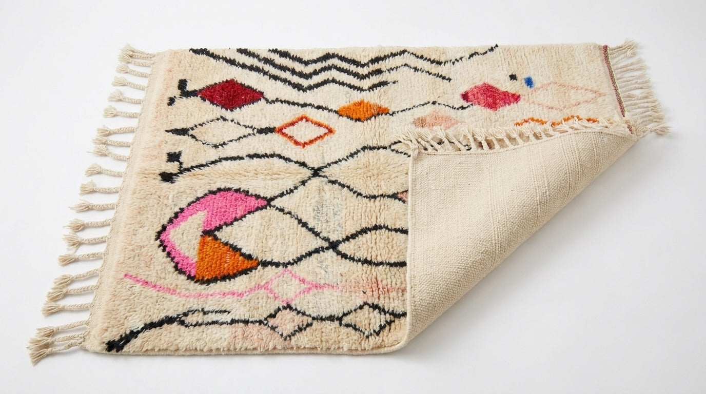 Zigzag Bloom Beni Ourain rug folded corner on white studio background