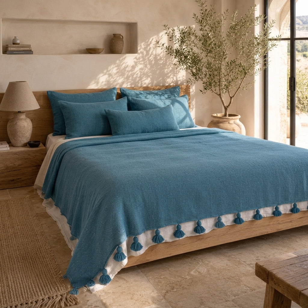 Atlas Teal Tassel bedspread styled on a bed in a Moroccan bedroom