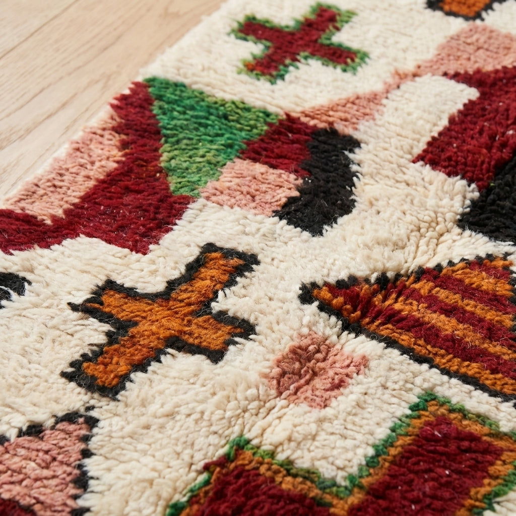 Moroccan Berber runner rug close-up showing handwoven wool texture and pattern